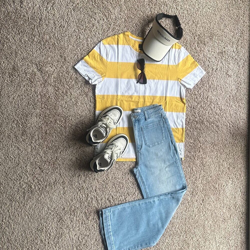 New SELECTED Yellow & White Striped Cotton T-Shirt - Size L (Unisex)